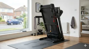 Illustration showing the Domyos T900C treadmill in its folded upright position to save floor space in a small room.