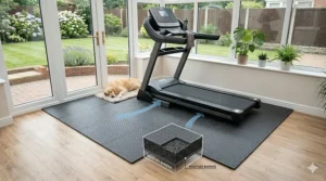 A space-saving compact folding treadmill neatly tucked away in the corner of a small brick and glass lean-to conservatory.
