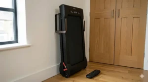 Alt text for image 4: A step-by-step graphic showing a flat-folding walking pad being stored horizontally under a sofa and vertically against a wall to save space when home working.
