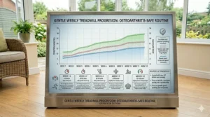 A progression chart detailing a gentle weekly treadmill routine for managing osteoarthritis symptoms safely.