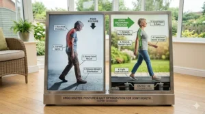 An ergonomic guide demonstrating correct walking posture on a treadmill for gentle, low-impact joint management.