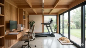 Thick non-slip rubber gym matting placed underneath a treadmill to protect conservatory floor tiles and absorb running vibrations.