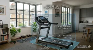 Infographic showing the footprint and dimensions of the Horizon 7.0 AT treadmill to help UK buyers plan their floor space.