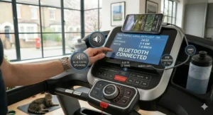 Detail of the built-in Bluetooth speakers and USB charging port on the Horizon 7.0 AT, enhancing the home workout experience.