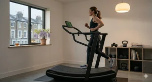 A runner training indoors on a manual treadmill while it rains outside, highlighting a reliable way to stay fit during British winters without increasing the electricity bill.