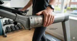 Built-in heart rate monitors on treadmill handles for real-time tracking.