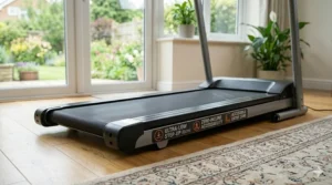 A low-profile walking treadmill with a minimal step-up height to ensure safe access for individuals with limited mobility or breathlessness.