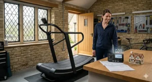 An illustration of a curved manual treadmill next to a British smart meter displaying a zero-pound energy cost, showing how to save on electricity bills.