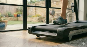 Alt text for image 9: Side view of the front base of an Echelon Stride treadmill, showing the built-in transport wheels resting on a light herringbone oak floor next to a garden window.