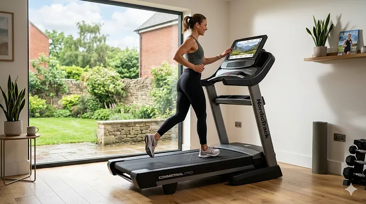 NordicTrack Commercial 1750 motorised treadmill set up in a bright British home gym with a runner using the HD touchscreen. nordictrack commercial 1750