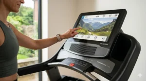 Close-up of the tilting high-definition touchscreen on a NordicTrack Commercial 1750 treadmill displaying an interactive workout programme.