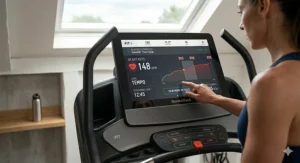The NordicTrack X22i dashboard showing real-time heart rate tracking and calorie burn metrics during a workout.