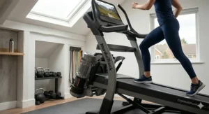 The NordicTrack X22i deck adjusted to a 6 per cent decline to simulate downhill running and strengthen muscle groups.