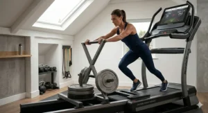 A person using the integrated push bars and sled grips on the NordicTrack X22i Incline Trainer for a full-body power workout.