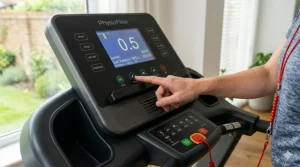 Patient performing guided gait training on a home physiotherapy treadmill.