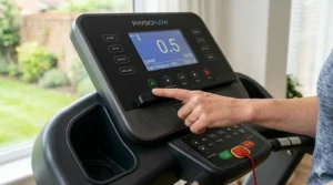 User adjusting settings on a simple-to-use physiotherapy treadmill console.