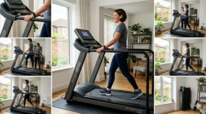 Compact physiotherapy treadmill setup in a bright UK home living room.