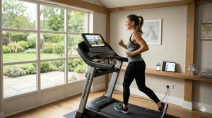 Close-up of a ProForm console showing an iFit workout led by a professional trainer for interactive fitness.
