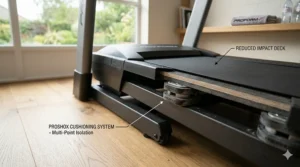 Detail shot of the ProShox cushioning system on a ProForm treadmill deck designed to reduce joint impact.