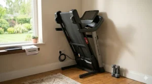 A folded ProForm SpaceSaver treadmill stored neatly in a small UK spare room to maximise floor space.