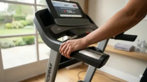 Close-up of the EKG Grip Pulse sensors on a ProForm treadmill for real-time heart rate monitoring.