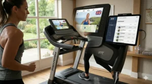 A runner using a tablet to sync the iFit app with their ProForm treadmill for a personalised training session.