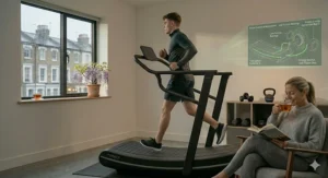 An illustration of a person quietly exercising on a manual treadmill in a living room without disturbing others, perfect for semi-detached UK homes.