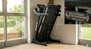 Illustration demonstrating the soft-drop folding mechanism of the Reebok Jet 300 for compact storage in British homes.