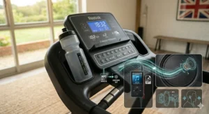 The media station on the Reebok Jet 300 console including MP3 input, earphone jack, and built-in speakers.