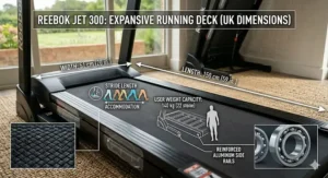 Technical illustration showing the spacious 150 by 51 centimetre running area of the Reebok Jet 300 treadmill.