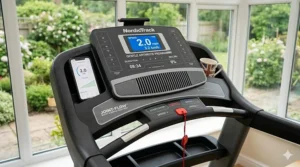 A treadmill console display showing safe, low-speed settings and an emergency stop clip for gentle arthritis exercise.