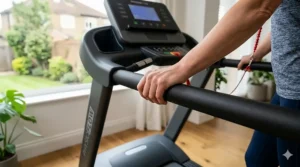 Close-up of safety support rails on a home-use physiotherapy treadmill.