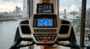 A detailed photorealistic illustration of the backlit Sole F63 treadmill console, showing the LCD screen and user interface.