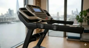A photorealistic, high-detail 4K close-up photograph capturing the integrated handrail incline and speed controls on the grips of the Sole F63 treadmill in a London apartment gym.