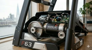 A photorealistic, highly detailed 4K photograph capturing an exploded internal view of the Sole F63 treadmill high-torque 3.0 HP motor and complex drive system in a London apartment gym.
