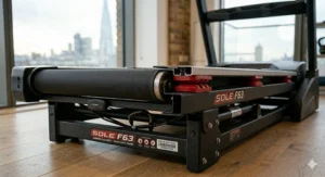 A photorealistic, highly detailed 4K close-up photograph capturing a cross-section of the Sole F63 treadmill running surface, red Cushion Flex elastomers, and heavy-duty frame details in a London apartment gym.