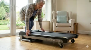 A close-up, high-detail photograph of an older woman easily rolling a space-saving, low-profile walking treadmill into place on transport wheels in a bright UK living room.