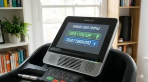 Close-up of a digital treadmill console screen showing quick-select buttons for custom user profiles, allowing a couple to save separate fitness programmes.