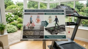 Comparison graphic showing how a cushioned treadmill reduces joint impact compared to walking on hard outdoor pavements.