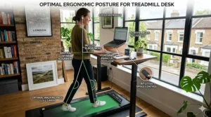Alt text for image 2: An ergonomic diagram illustrating correct posture when using a treadmill desk for home working, highlighting the proper elbow angle, screen height at eye level, and a neutral spine while walking.