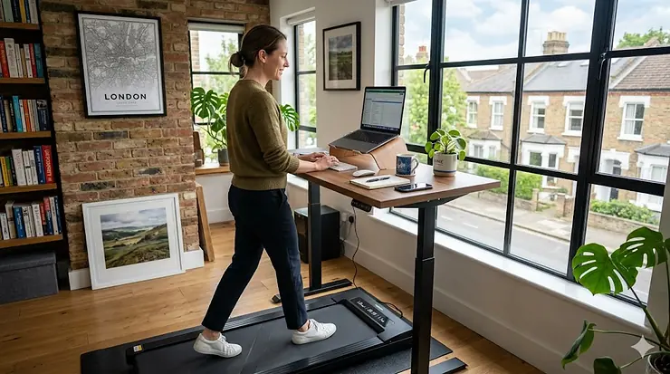 Alt text for image 1: A remote professional using an under-desk walking pad paired with an adjustable standing desk in a bright UK home office, demonstrating a treadmill desk for home working to stay active while typing on a laptop. treadmill desk for home working