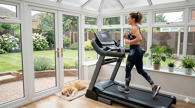 Heavy-duty weatherproof treadmill set up inside a bright, modern UK home conservatory with double glazing and protective floor matting. treadmill for conservatory uk weatherproof
