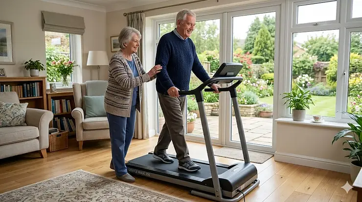 An elderly British man smiling while practicing gentle walking on a compact home treadmill, supported by his partner in a bright UK living room looking out at a garden. treadmill for copd patients uk gentle walking