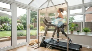 An electric running machine positioned in a fully insulated conservatory with thermal roof panels for comfortable year-round training.