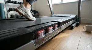 Close-up of treadmill running deck featuring advanced joint-friendly cushioning.