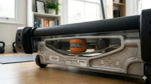 Cross-section illustration of treadmill deck shock absorbers reacting to different impact forces for lighter and heavier runners.