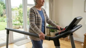 A senior woman holding onto extended, padded handrails for extra stability while gentle walking on a treadmill at home.