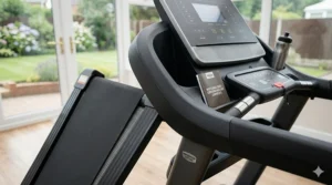 Close-up illustration of a specialised running machine showing its rust-resistant powder-coated steel frame designed to withstand conservatory humidity.