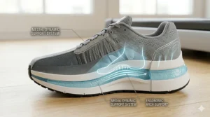 A detailed 4K photorealistic illustration of the specific grey cushioned running trainer resting on the wooden floor and treadmill edge. A detailed technical diagram is overlaid, using blue and white lines to highlight the ergonomic arch support integrated into the midsole.