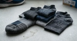 Athletic socks featuring compression arch support for stability and a secure fit while running on a treadmill.